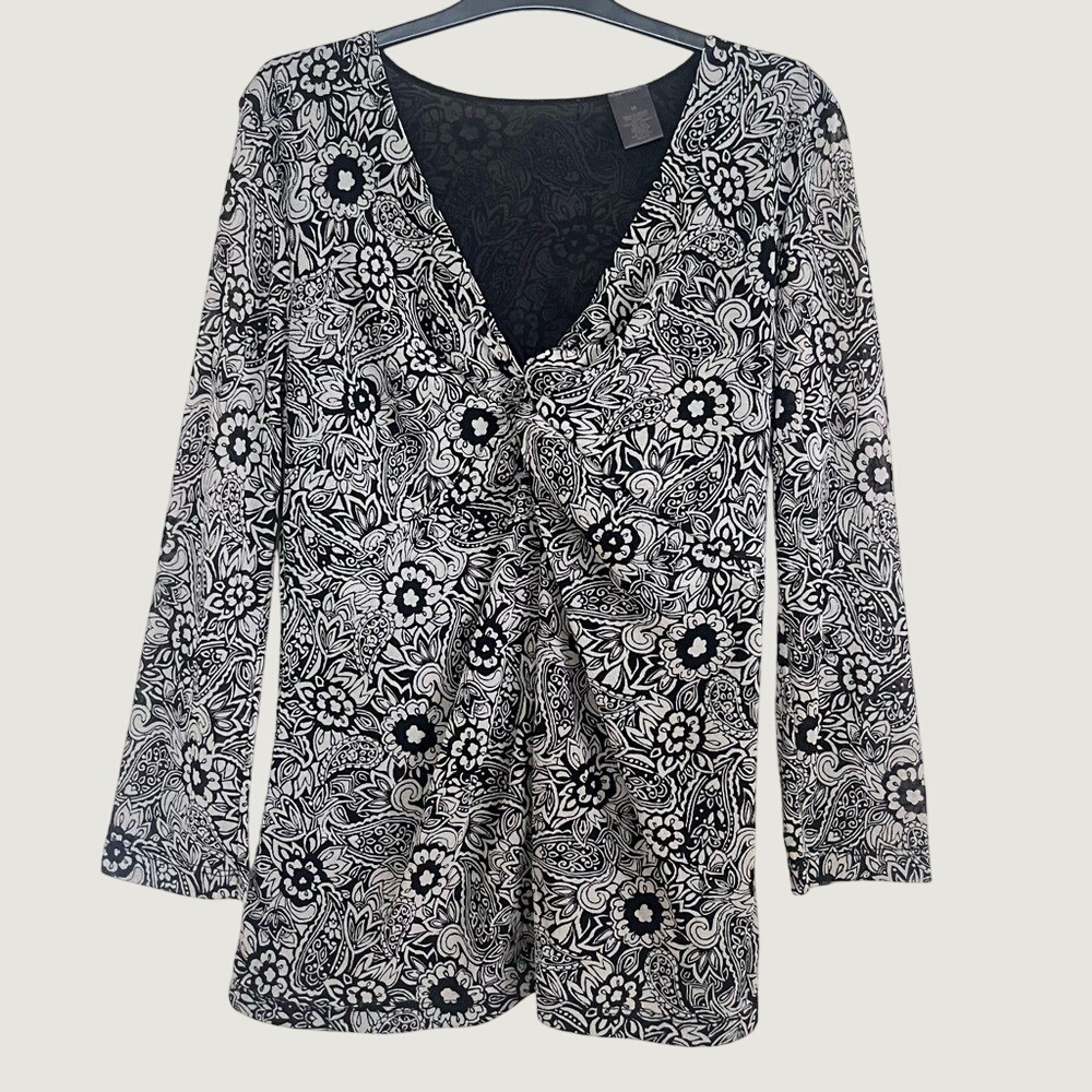 Ann Taylor Womens Black White Floral Paisley grunge goth Twist Front Mesh Top 10